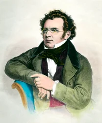 Franz Schubertin (1797-1828), itävaltalaisen säveltäjän muotokuva. Kaiverrus 1800-luvulta. Yksityinen kokoelma