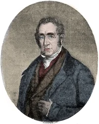 Muotokuva George Stephensonista (1781-1848), brittiläisestä insinööristä ja rautatievetureiden pioneerista