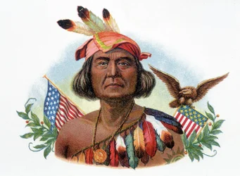 Portrait of Geronimo, Apache-kokki Yhdysvaltain lippujen edessä. 1800-luvun kromolitografia.