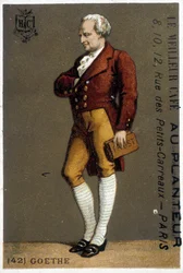 Goethen muotokuva. Piirustus sd. 1800-luvulla. Goethen muotokuva jaloissa. Piirustus sd. 1800-luvulla.