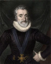Henry IV:n (1553-1610) muotokuva Ranskan kuninkaan kaulakorulla Pyhän Hengen ritarikunnan (Pyhän Hengen ritarikunnan) - Henrik IV:n (Navarran tai Bourbonin Henrik) (1553-1610) kaulakoru, jossa Pyhän Hengen ritarikunnan arvomerkki - kaiverrus