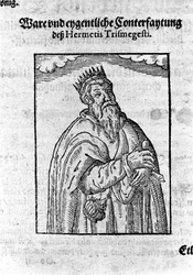 Astrologi Hermes Trimegiste (Trismegistus) muotokuva. Kaiverrus Giovanni Battista Birellin "Alchimia Novasta".