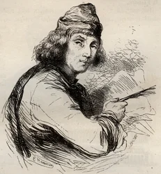 Jacques van Maerlantin muotokuva (Jacob van Maerlant) (1240-1300) flaamilainen kirjailija. Kaiverrus vuodelta 1868 Theodore Justen (1818-1888) teokseen "Histoire de Belgique primitiivistä Leopold I:n hallituskauden loppuun". Yksityinen kokoelma.