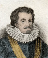 Muotokuva James I:stä (James 1st Stuart) (1566-1625), Englannin ja Irlannin kuningas (tai James VI (tai James VI), Skotlannin kuningas) Kaiverrus 1800-luvulta.