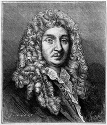 Muotokuva Jean Baptiste Lullystä (Giovanni Battista Lulli) (1632-1687), italialaista alkuperää olevasta ranskalaisesta säveltäjästä. Kauden kaiverruksesta. Kaiverrus "" Luontoon: katsaus tieteisiin ja niiden sovelluksiin taiteeseen ja teollisuuteen "", 7. 