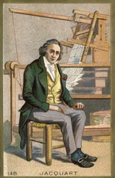 Muotokuva Joseph Marie Jacquardista (1752-1834), ranskalaisesta mekaanikasta automaattisten kangaspuiden edessä.