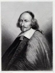 Muotokuva Jules Mazarinista (Giulio Raimondo Mazzarino tai Mazarino) (1602-1661), ranskalainen kardinaali ja poliitikko - Lavalléen "Ranskan historiassa", kaiverrus, sd.