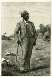 Muotokuva Zambezen (nykyinen Etelä-Afrikka) kuningas Sepopo, pukeutunut eurooppalaiseen tyyliin, kaiverrus P. Dufour havainnollistamaan tarinaa "Au pays des Marutses", vuosina 1875-1879, kirjoittaja tohtori Emile Holub (1847- 1902). Julkaistu Tour du monde