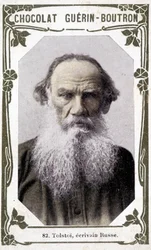 Lev Nikolajevitš, kreivi Tolstoi (Leo Tolstoi), venäläisen kirjailijan (1828-1910) muotokuva. Vinjetti suklaata Guérin - Boutron
