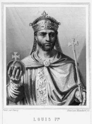 Ludvig I hurskaan eli Debonnairen (778 - 840), lännen keisarin muotokuva - Lavalléen "Histoire des Français" -kirjassa, kaiverrus, sd.