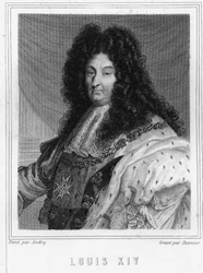 Ludvig XIV:n (1638 - 1715), Ranskan kuninkaan muotokuva - Lavalléen "Histoire des Français" -kirjassa, kaiverrus, sd.