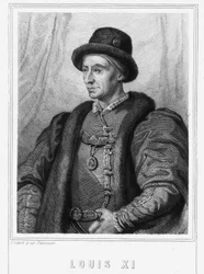 Ludvig XI:n (1423 - 1483), Ranskan kuninkaan muotokuva - Lavalléen "Histoire des Français", kaiverrus, sd.