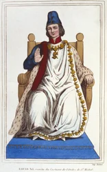 Ludvig XI:n muotokuva Pyhän Michelin ritarikunnan puvussa (1423 - 1483). kaiverrus vuodelta 1830