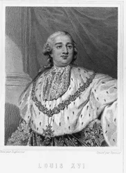 Ludvig XVI:n (1754 - 1793), Ranskan kuninkaan muotokuva - Lavalléen "Histoire des Français" -kirjassa, kaiverrus, sd.