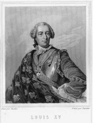 Ludvig XV:n (1710 - 1774), Ranskan kuninkaan muotokuva - Lavalléen "Histoire des Français" -kirjassa, kaiverrus, sd.
