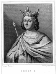 Ludvig X le Hutinin (1289 - 1316), Ranskan kuninkaan muotokuva - Lavalléen "Histoire des Français" -kirjassa, kaiverrus, sd.