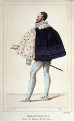 Mantovan herttuan Louis de Gonzaguen muotokuva, nyt avioliitossa vuonna 1565 uuden Neversin herttuan Henriette de Clevesin kanssa. kaiverrus vuodelta 1830