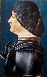 Muotokuva Ludovic Marie Sforzasta dit le Moresta (Ludovico Maria Sforza tunnetaan nimellä il Moro) (1452-1508) Miniatyyrit Aelius Donatuksen (Donato) kirjassa "" Grammatica ", 1400-luvun loppu. Trivulziana-kirjasto, Milano. neiti. 2167.