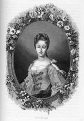 Marie Adelaiden (Marie-Adelaide) de Savoien (1685-1712) muotokuva (Savolaisen Marie Adelaiden muotokuva) - 1862-kaiverrus ensimmäisten kirjoittajiemme kirjaan "Maailman kuningattaret". Kirja julkaistu J. G. D. ARMENGAUDin johdolla.