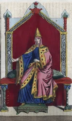 Toscanalaisen Matildan muotokuva, joka tunnetaan myös nimellä Matilda of Canoss (Matilde tai Mathilda) (1046 - 1115) italialainen aatelisnainen - kaiverrus kirjasta "Kaikkeuden kaikkien kansojen tapoja ja perinteitä". Se on hallituksen, lakien, miliisin ja