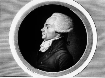 Maximilien de Robespierren (1758-1794) muotokuva, säätyjen yleiskokouksen jäsen ja Pariisin edustaja kansalliskonventissa. Teoksessa "Collection complète des tableaux historiques de la Révolution française, en trois volumes". 1804.