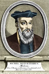 Michel Nostradamusin muotokuva, lääkäri ja astrologi, jolla ei ollut Saint Remy de Provencea (Saint-Remy-de-Provence) 14.12.1503 ja hän kuoli 7.2.1566. Kaiverrus 1600-luvulta.