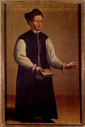 Pietro Aaronin (Aron) (1489-1545), italialaisen musiikin teoreetikon muotokuva Anonyymi maalaus. 16. vuosisata. Bologna, Civico museo Bibliografico