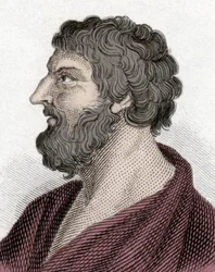 Muotokuva Pittacosta Mytileneestä Kreikan valtiomies (650-570 eKr.) (Pittacus of Mytilene). Kaiverrus 1800-luvulta.