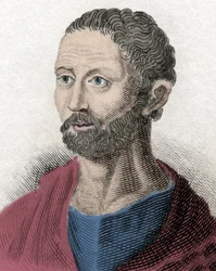 Posidonioksen muotokuva Kreikkalainen filosofi Stoician (135-51 eKr.) (Poseidonios, Poseidonios, Posidonios Apamee, Posidonios Rodosesta, Posidonius (latinaksi), Posidonius Apameesta, Posidonius Rodoslainen Kaiverrus 1800-luvulta.