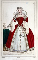 Kuningatar Louise of Lorraine (1553 - 1601), Henrik III:n vaimon muotokuva. Kaiverrus vuodelta 1830.