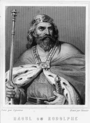 Raoul tai Rodolphe Burgundiasta (? - 936), Burgundin herttua ja Ranskan kuningas - Lavalléen "Histoire des Français" -kirjassa, kaiverrus, sd.