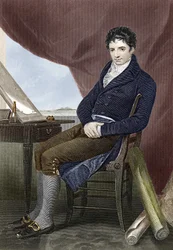 Muotokuva Robert Fultonista (1765 - 1815), amerikkalainen laivanrakennusmekaanikko (Nautilus). Kaiverrus 1800-luvulta.