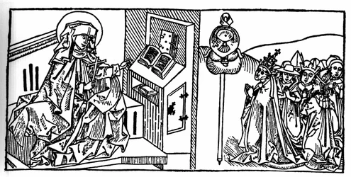 Pyhän Brigitten muotokuva Ruotsista (1103 - 1373). Kaiverrus Jacobuksen (James) Voraginen (1228-1298) teoksesta "Pyhien elämä - kesäosa" (Pyhän kirja). Lyypekki 1488.