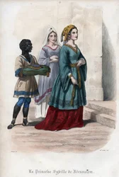 Jerusalemin Sibyllan (n. 1160-1190), prinsessan ja myöhemmän Jerusalemin kuningattaren, muotokuva. Kaiverrus vuodelta 1842 Maurice La Châtren teoksesta "Histoire des papes". Yksityiskokoelma.