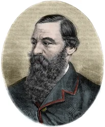 Muotokuva Sir Samuel Bakerista (1821-1893) kaiverruksesta "Picturesque Histoire des grands voyages au 19th century"". 1877