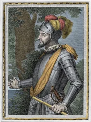 Espanjalaisen valloittajan (1475-1517) Vasco Nunez de Balboan muotokuva - Kaiverrus 1800-luku