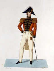 Muotokuva niemen kunniaritarista ja paavillisen armeen miekkasta. Kaiverrus 1800-luvulta.
