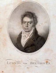 Muotokuva saksalaisesta säveltäjästä Ludwig van Beethovenista (1770-1827) Kaiverrus. 1800-luvulla. Bologna, kansalaismusiikin bibliografinen museo