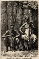 Muotokuva kahdesta Bakali-soturista. H. Castellin piirros havainnollistaa tohtori Griffon du Bellayn matkaa Gaboniin vuosina 1861-1864. Kaiverrus kirjassa "" Le tour du monde", toimittanut Edouard Charton