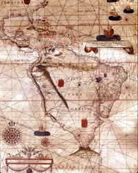 Portulan edustaa Etelä-Amerikkaa, joka kuuluu Bartolomeo Velhiolle. 1561.