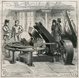 Keramiikka: Fleury-kone, jota käytetään tiilien mekaaniseen muovaukseen. Kaiverrus vuodelta 1885 kirjassa "Les arts et metiers illustres", kirjoittanut Adolphe BITARD.