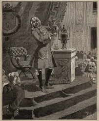 Keramiikka: Pierre Joseph Macquer (1718-1784) esittelee akatemiassa ensimmäistä kovaa posliinia, joka on valmistettu Ranskassa Sevresin tehtaalla vuonna 1769. Kaiverrus vuodelta 1885 kirjaan "" Les arts et metiers illustres" - Adolphe BITARD.
