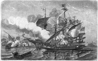 Raskaana oleva hyökkäsi amiraali Edward Howarthin komentaman englantilaisen laivaston kimppuun huhtikuussa 1513. Kaiverrus 1800-luvulta.