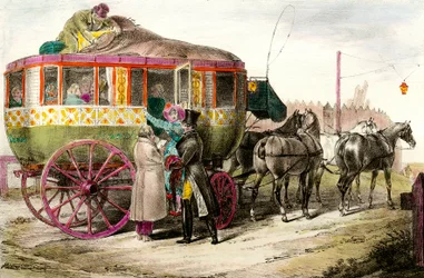 Julkinen liikenne: matkustajat saapuvat Parisienne Diligenceen. Kaiverrus 1800-luvun yksityisestä kokoelmasta
