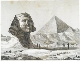Gizan pyramidit: näkymä sfinksistä ja suuresta pyramidista kaakosta, teoksesta "Description de l