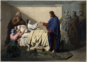 Jairoksen tyttären herättäminen kuolleista - Jeesus pelastaa Jairoksen tyttären (Jairus tai Jairos). Nimetön kaiverrus 1800-luvun lopulta.