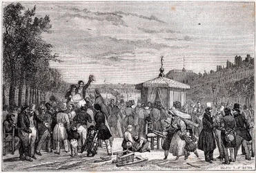 Moniteur-lehdessä julkaistujen päätösten lukeminen kuninkaanlinnan puutarhassa Pariisissa 26. heinäkuuta 1830 sisällissodan aikana - Vallankumous 1830 -