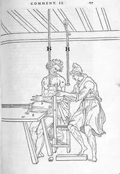 Murtumien vähentäminen. Kilpi, jossa on "" De dissectione partium corporis humani libri kolme... ", kirjoittanut Carlo Stefano Riverio, Pariisi 1545.