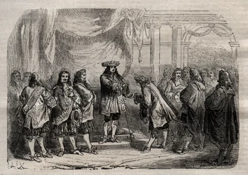 Rene Duguay Trouin (Duguay-Trouin) (Rene Trouin du Gue dit) (1673-1736) vastaanottaa Saint-Louisin ristin kuningas Ludvig XIV:n käsistä - kaiverrus sanaan "Dictionnaire populaire illustrious" - 1864 - Joseph Decembre ja Edmond Allonier -