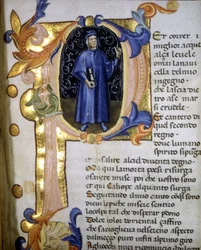 Esitys runoilija Dante Alighierin (1265 - 1321) lettriinissä, pienoismalli 1300-luvulta.